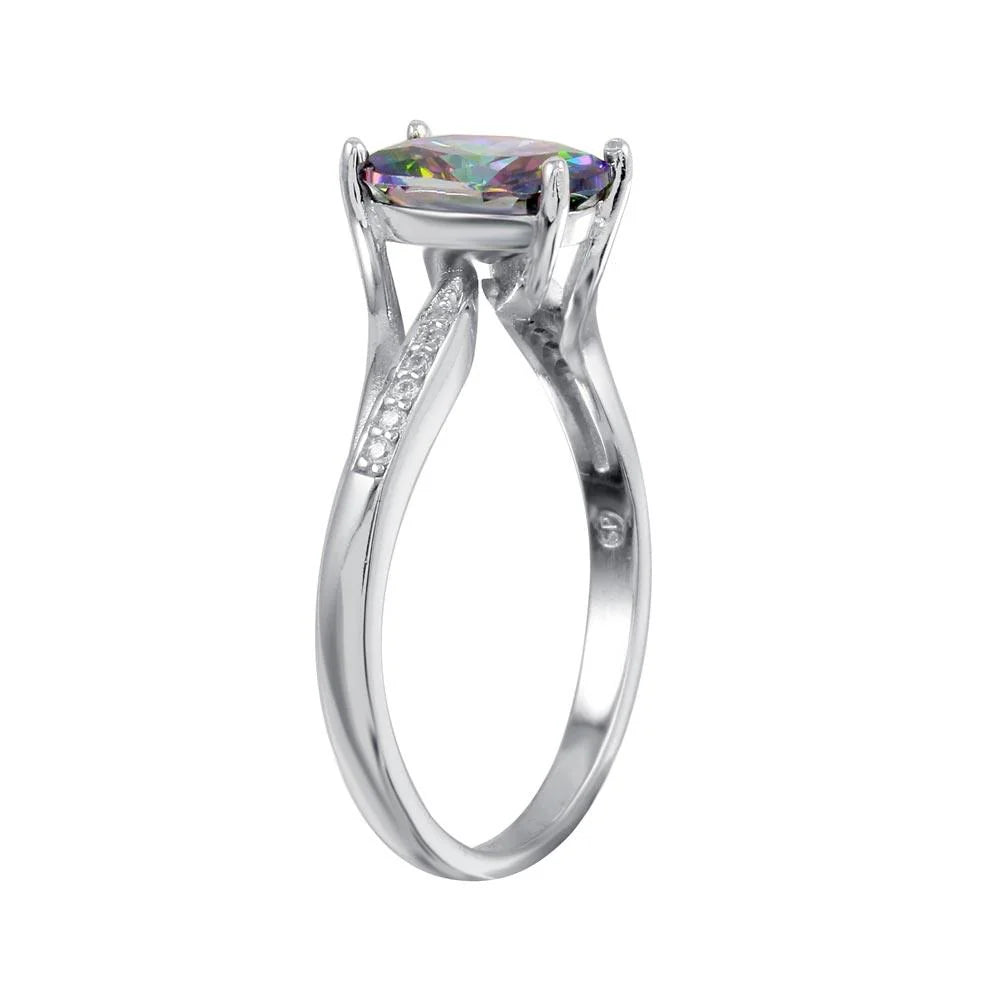 925 Sterling Silver Rhodium Plated Oval Mystic Topaz CZ Ring