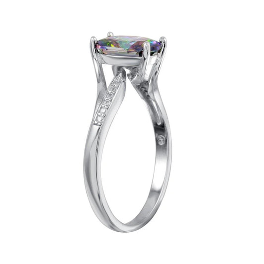 925 Sterling Silver Rhodium Plated Oval Mystic Topaz CZ Ring