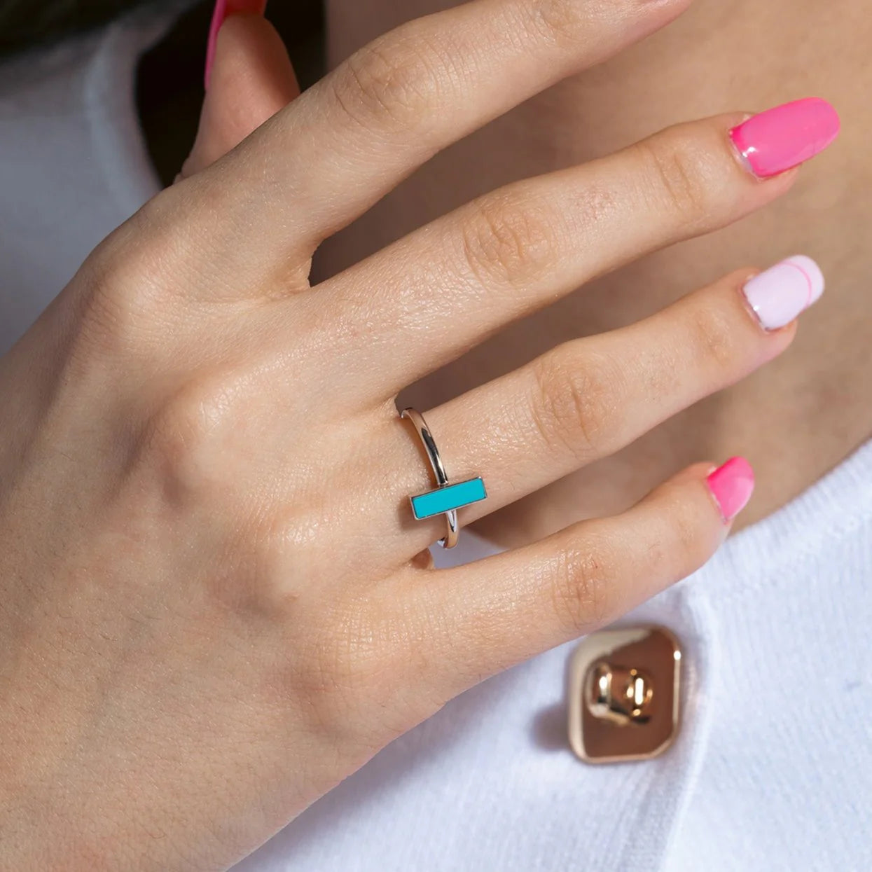925 Sterling Silver Rhodium Plated Turquoise Stone Bar Ring