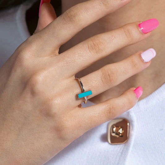 925 Sterling Silver Rhodium Plated Turquoise Stone Bar Ring