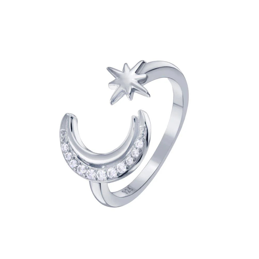 925 Sterling Silver Rhodium Plated Cresent Moon and Star CZ Ring
