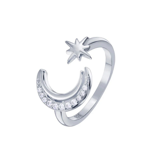 925 Sterling Silver Rhodium Plated Cresent Moon and Star CZ Ring