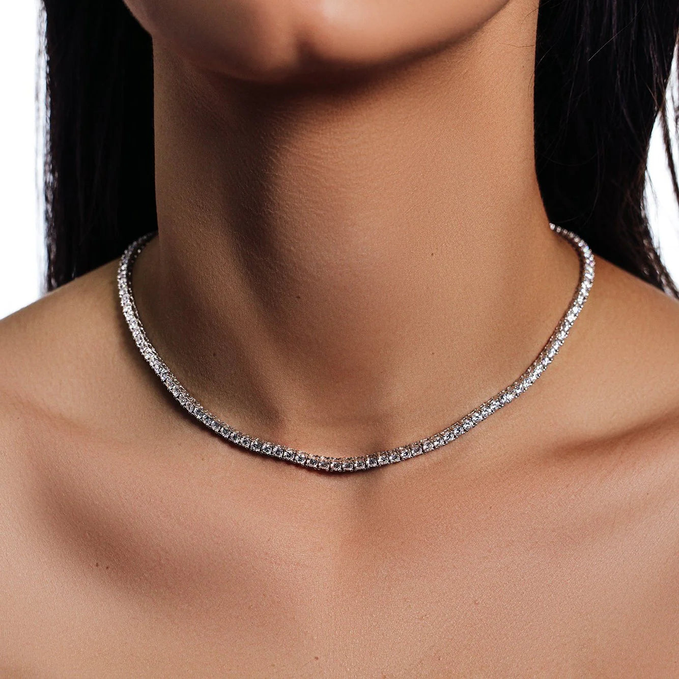925 Sterling Silver Rhodium Plated Moissanite Stone 3mm Tennis Necklace