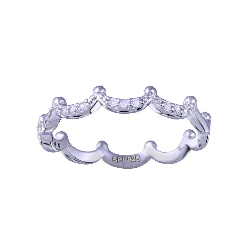 925 Sterling Silver Rhodium Plated Half Eternity Crown Clear CZ Ring