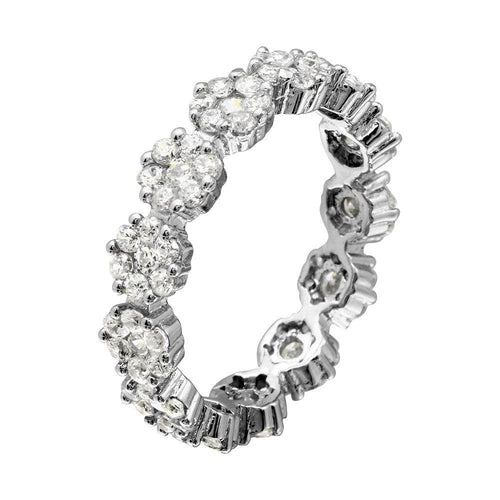 925 Sterling Silver Rhodium Plated Flower CZ Band Ring