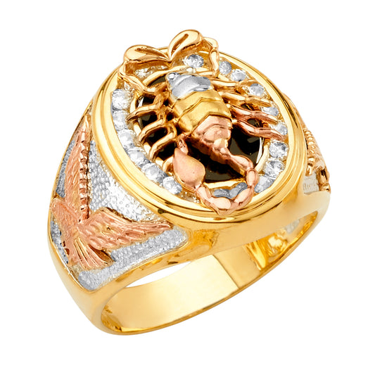 14K Men’s Tri-Color Scorpion CZ Ring with Eagle Side Detail