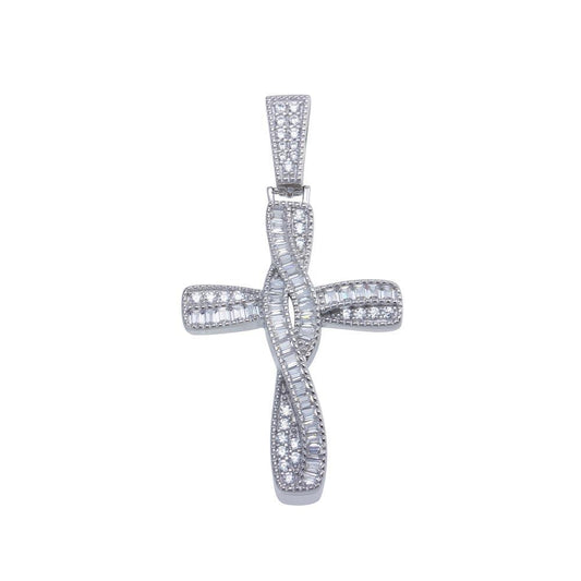 925 Sterling Silver Rhodium Plated Twisted Cross Baguette CZ Hip Hop Pendant