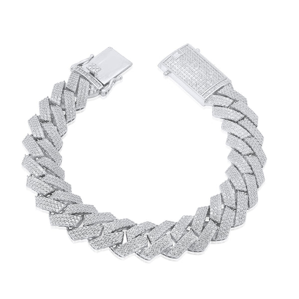 925 Sterling Silver  Rhodium Plated CZ Encrusted Miami Cuban Link 13mm Chain or Bracelet