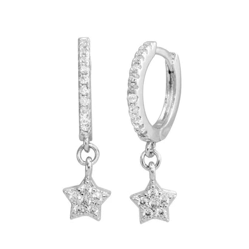 925 Sterling Silver Rhodium Plated Dangling CZ Star huggie hoop Earrings
