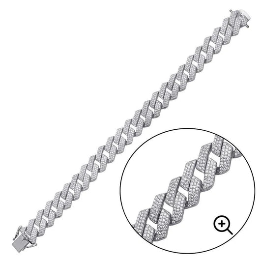 925 Sterling Silver  Rhodium Plated CZ Encrusted Miami Cuban Link 13mm Chain or Bracelet