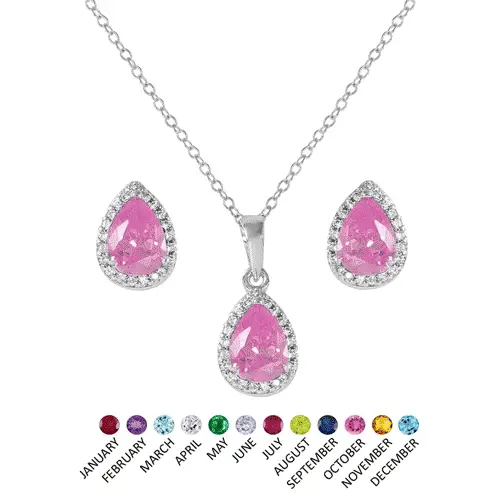925 Sterling Silver Rhodium Plated Pear Birthstone Set