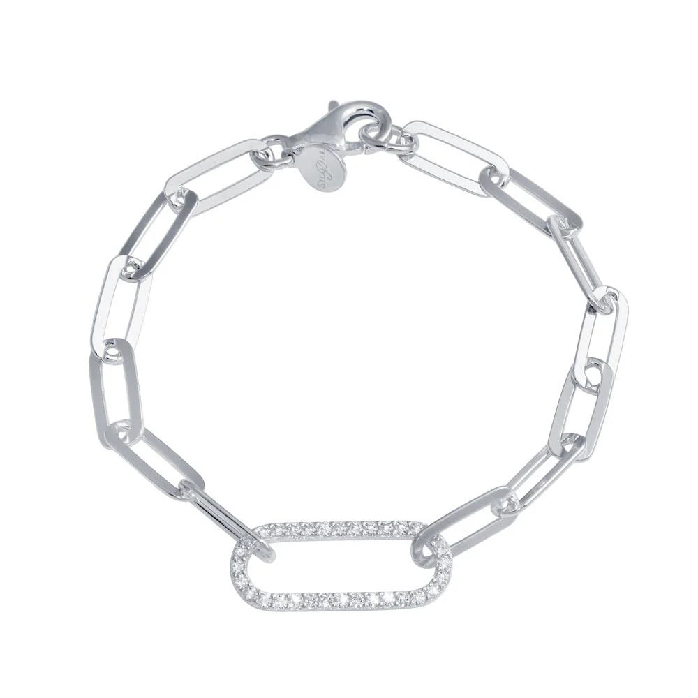 925 Sterling Silver Rhodium Plated Paperclip CZ Chain Bracelet