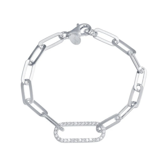 925 Sterling Silver Rhodium Plated Paperclip CZ Chain Bracelet