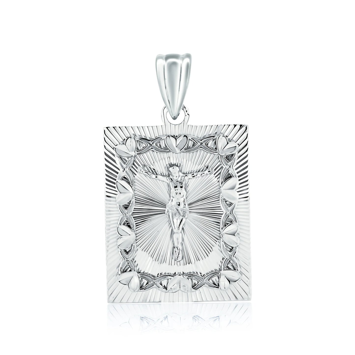 925 Sterling Silver Rhodium Plated Diamond Cut Crucifix Square Pendant