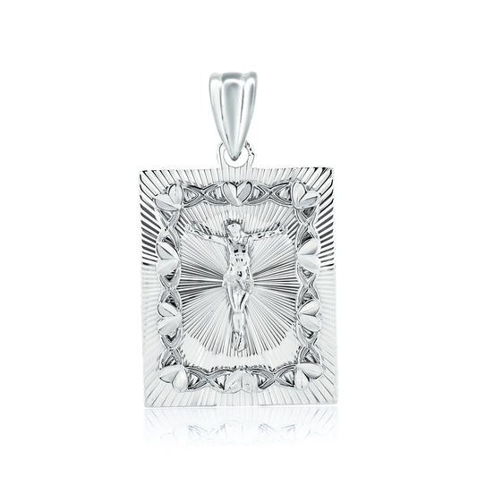 925 Sterling Silver Rhodium Plated Diamond Cut Crucifix Square Pendant
