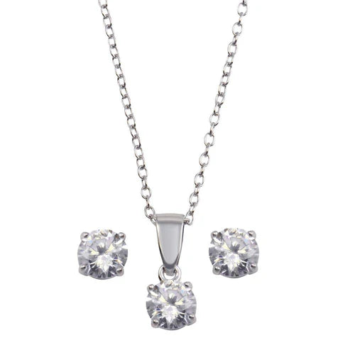925 Sterling Silver Rhodium Plated Clear CZ Earrings and Necklace Set
