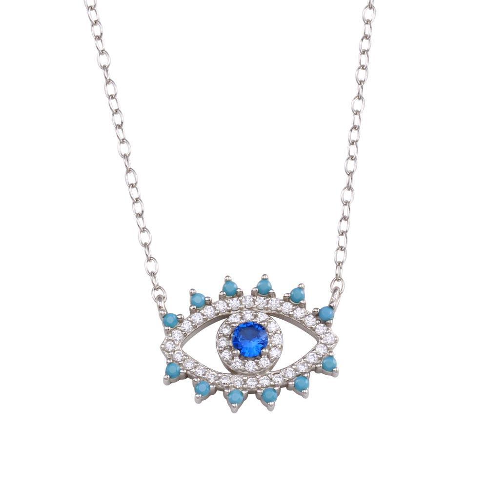 925 Sterling Silver Rhodium Plated Evil Eye Blue CZ Necklace