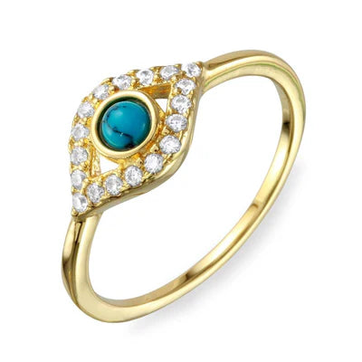 925 Sterling Silver Gold Plated Evil Eye CZ Ring with Turquoise Bead