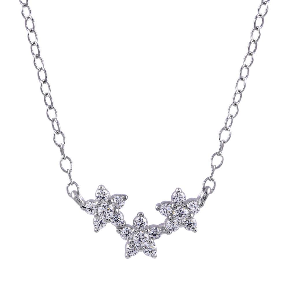 925 Sterling Silver Rhodium Plated CZ Triple Flower Necklace