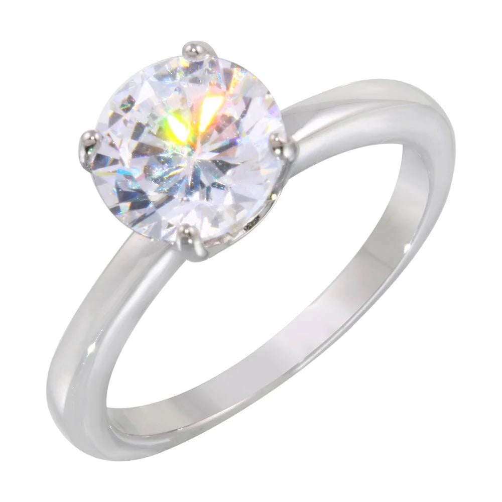 925 Sterling Silver Rhodium Plated Round Solitaire CZ Ring