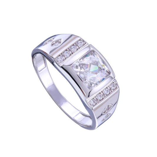 925 Sterling Silver Rhodium Plated Men's Square CZ Ring