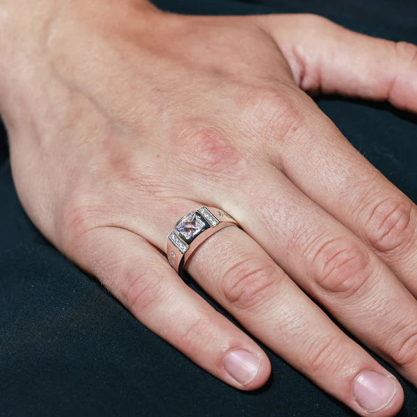 925 Sterling Silver Rhodium Plated Men's Square CZ Ring