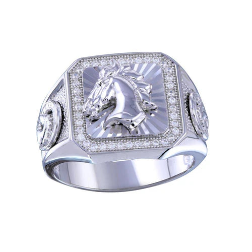 925 Sterling Silver Rhodium Plated Men's Stallion Statement CZ Ring
