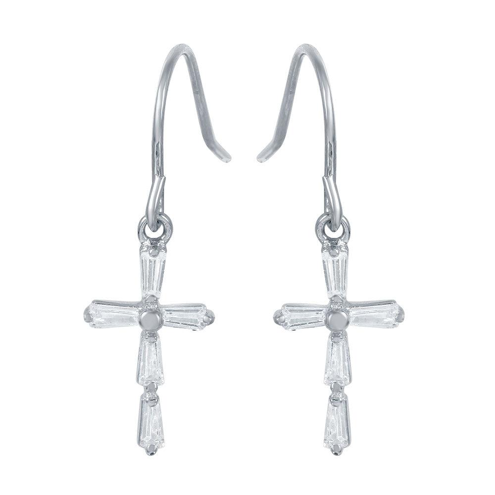 925 Sterling Silver Rhodium Plated Small Cross Earrings with CZ Baguette Accents