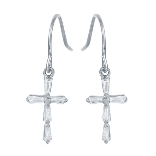 925 Sterling Silver Rhodium Plated Small Cross Earrings with CZ Baguette Accents