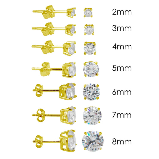 925 Sterling Silver Gold Plated Round Basket Clear CZ Stud Earring