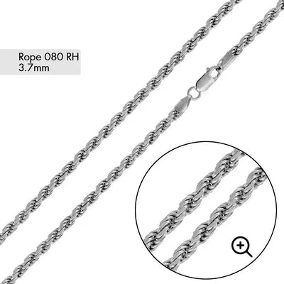 925 Sterling Silver Rhodium Plated Rope 080 Chain 3.7mm