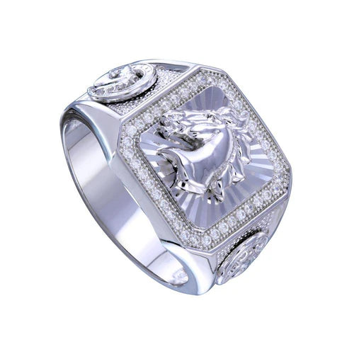925 Sterling Silver Rhodium Plated Men's Stallion Statement CZ Ring