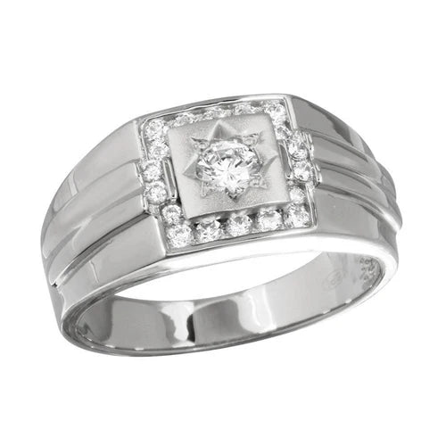 925 Sterling Silver Rhodium Plated Men's Square Ring with CZ