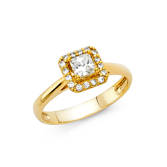 14K Yellow Gold Women's Princess Cut Halo Cubic Zirconia Engagement Ring