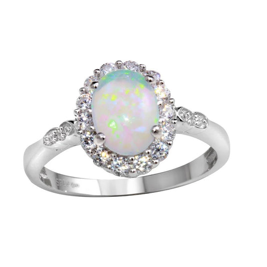 925 Sterling Silver Rhodium Plated Round Synthetic Opal Ring