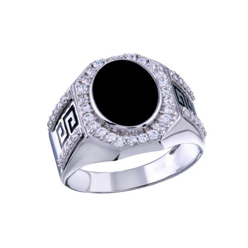 925 Sterling Silver Rhodium Plated  Men's Flat Oval Onyx Ring with CZ
