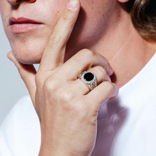 925 Sterling Silver Rhodium Plated  Men's Flat Oval Onyx Ring with CZ