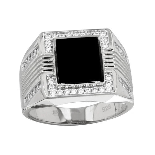 925 Sterling Silver Rhodium Plated Men's Square Flat Onyx Ring with CZ