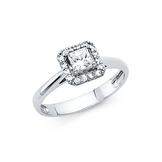14K White Gold Women's Princess Cut Halo Cubic Zirconia Engagement Ring