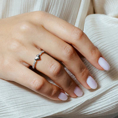 925 Sterling Silver Rhodium Plated CZ Heart Bubble Shank Ring
