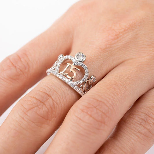 925 Sterling Silver Two-Tone Silver CZ Quinceanera Tiara Ring