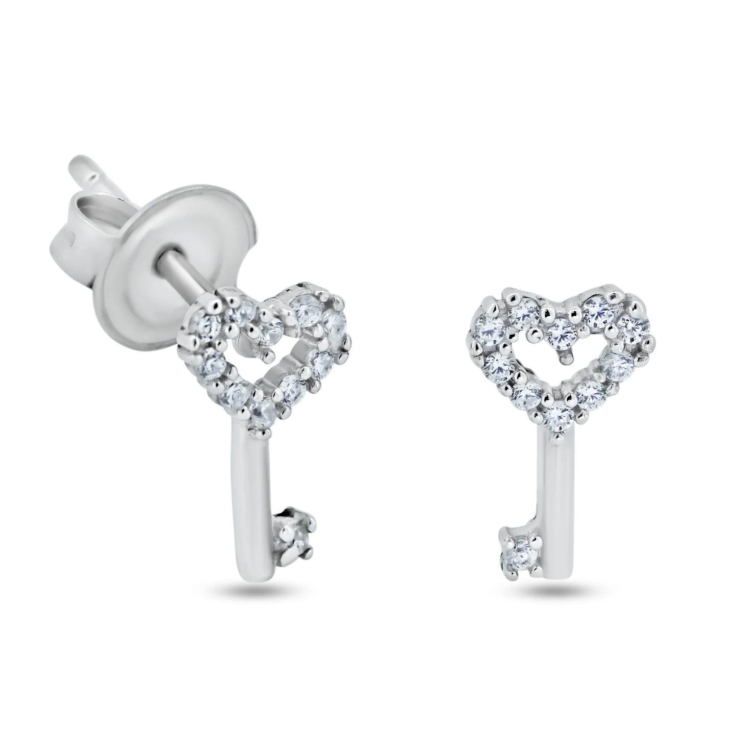 925 Sterling Silver Rhodium Plated CZ Heart Key Stud Earrings
