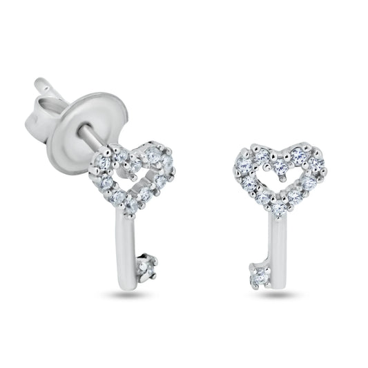 925 Sterling Silver Rhodium Plated CZ Heart Key Stud Earrings