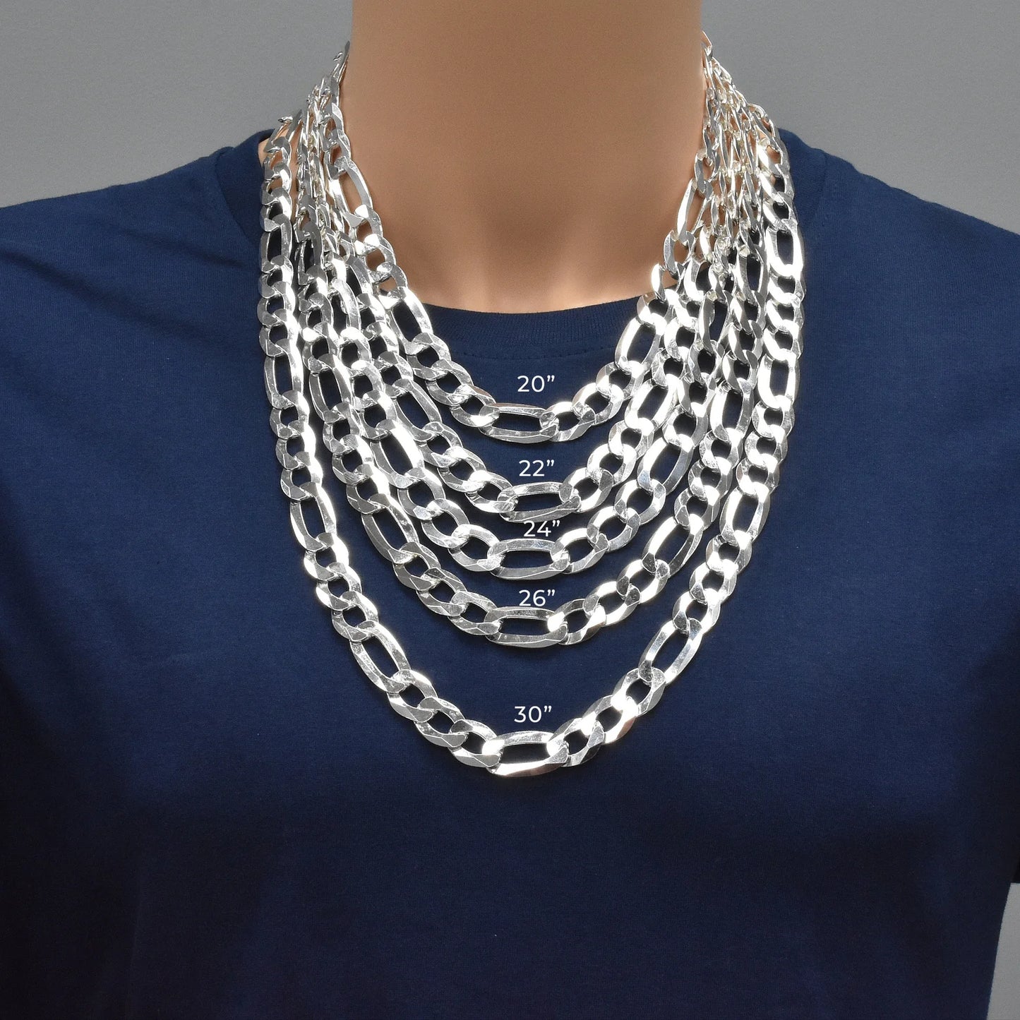 925 Sterling Silver Figaro 350 Chain or Bracelet 14mm