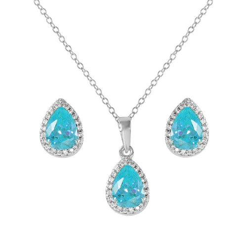 925 Sterling Silver Rhodium Plated Pear Birthstone Set