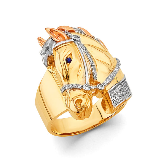 14K Men’s Tri-Color Horse Head CZ Ring with Synthetic Sapphire Eye