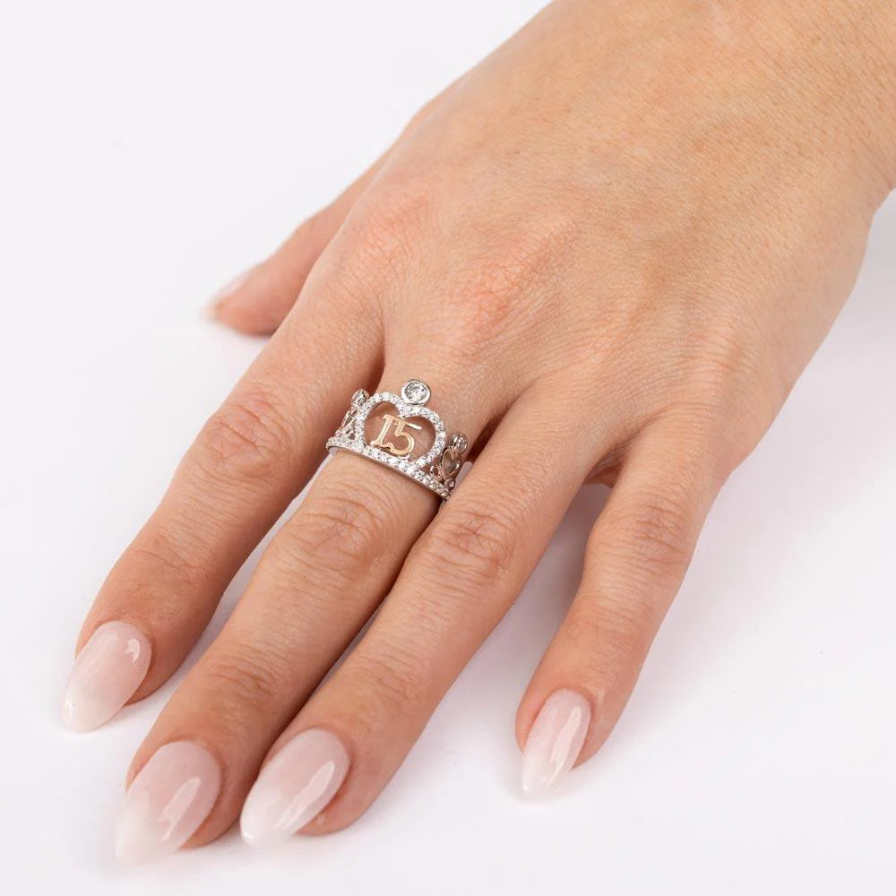 925 Sterling Silver Two-Tone Silver CZ Quinceanera Tiara Ring