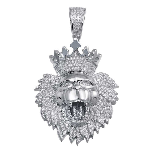 925 Sterling Silver Rhodium Plated CZ Crowned Lion Hip Hop Pendant