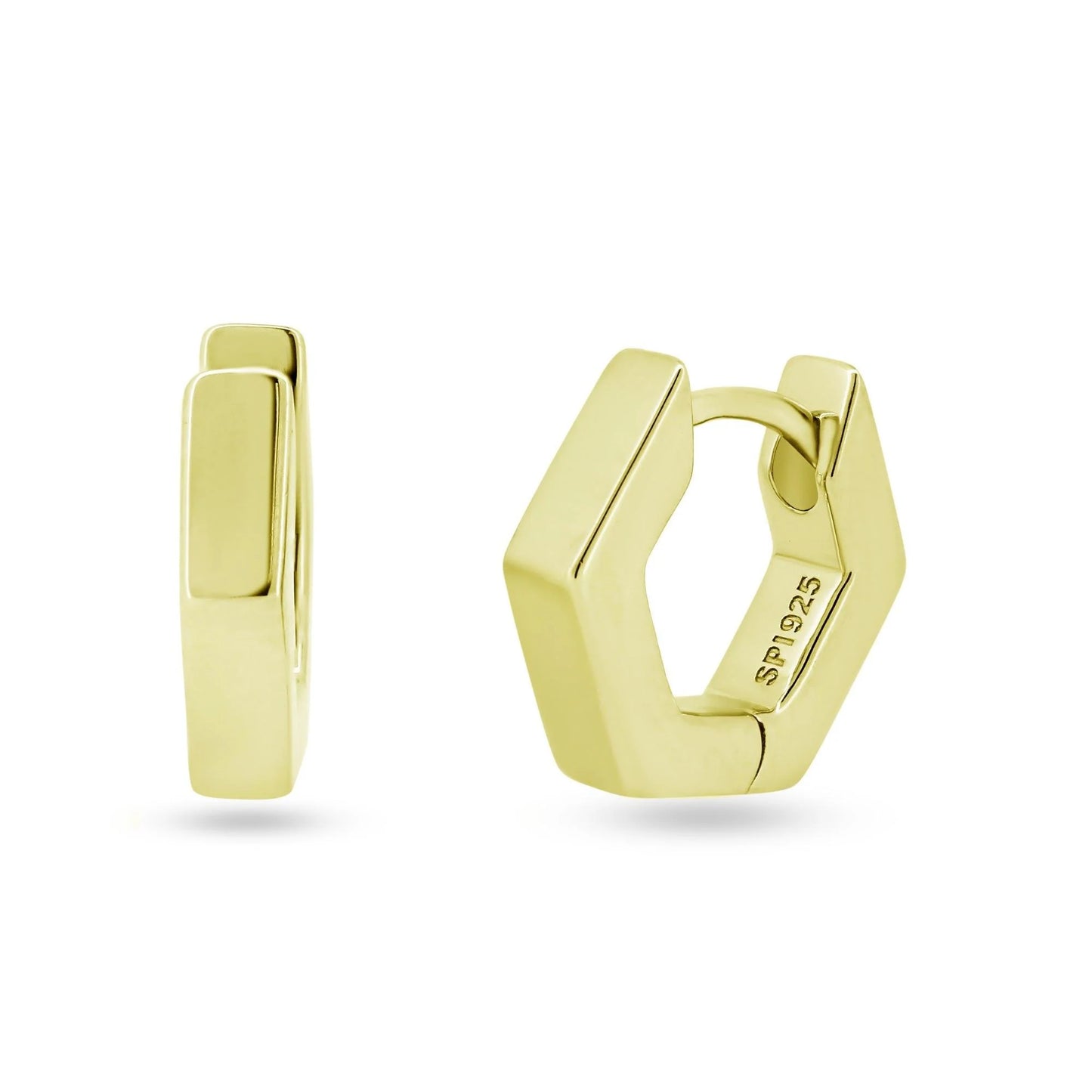 925 Sterling Silver Gold Plated Hexagon Huggie Hoop Earring 11.7mm
