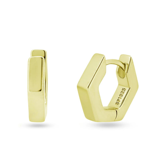925 Sterling Silver Gold Plated Hexagon Huggie Hoop Earring 11.7mm